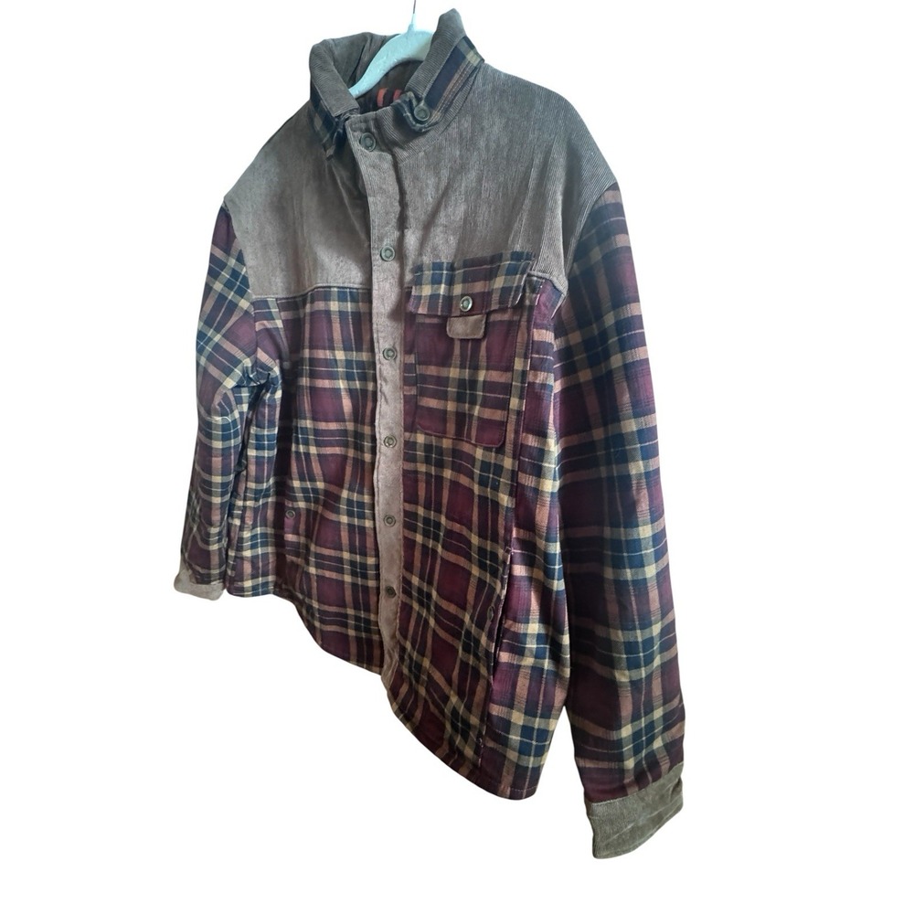 Men's XL Sherpa Lined Red Tartan Plaid Jacket Brown Corduroy Yoke & Placket - Picture 2 of 14
